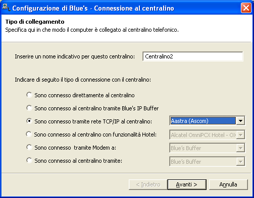 Si accede alla scelta del centralino durante la prima fase della configurazione del programma "Connessione al centralino".