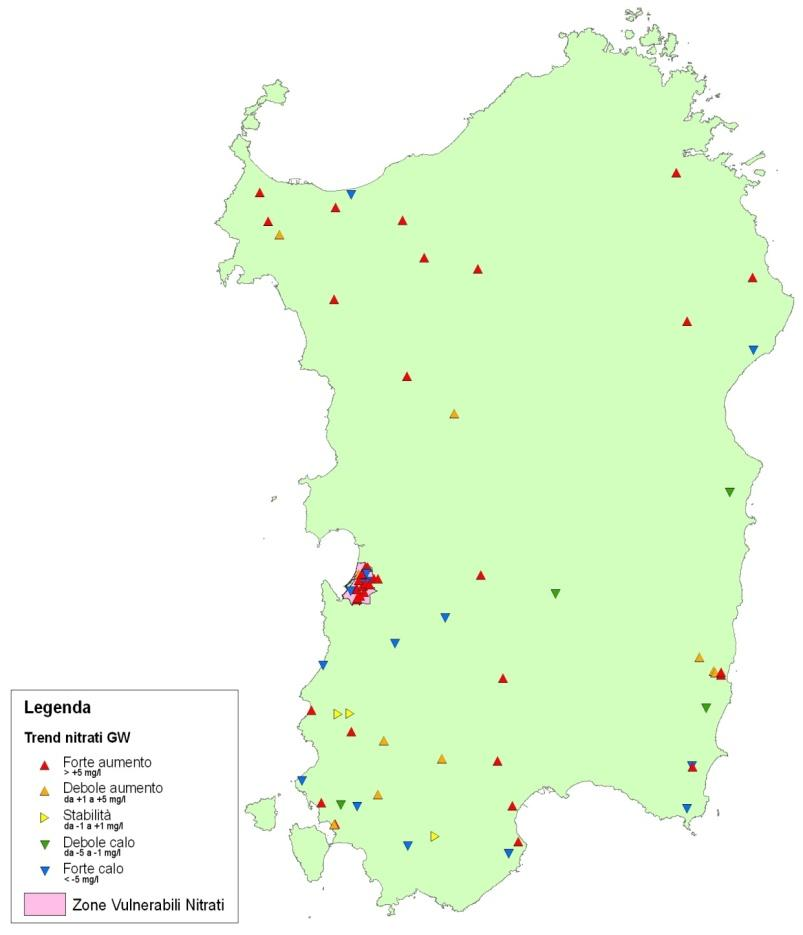 Figura 27 Tendenze dei valori massimi di concentrazione dei nitrati nei siti di monitoraggio delle acque sotterranee tra il quadriennio 2004-2007 ed il periodo corrente 2008-2011 Centro