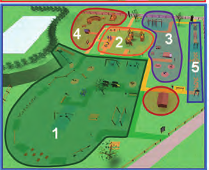 FIGURA 2: Mappa del Parco Giochi Primo Sport 0246. Nella mappa a destra è evidenziata la suddivisione in aree.