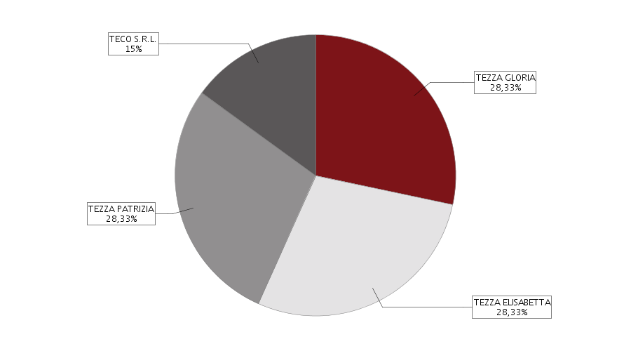 Il grafico a torta e la tabella sottostante rappresentano una sintesi della composizione societaria dell'impresa (le quote di proprietà sono sommate per titolare e poi arrotondate).