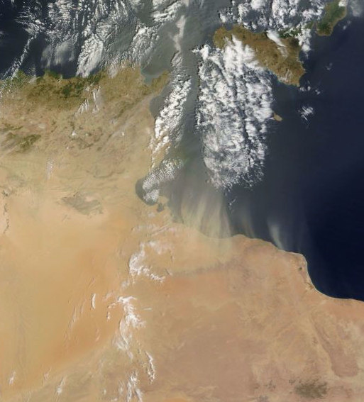 polveri provenienti dalle coste della Tunisia e Libia e dal deserto del Sahara come evidente nella foto che