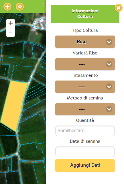 Selezionando Informazioni coltura puoi inserire la coltura, la varieta, la data di semina, quantità di seme ecc di quel campo Selezionare i propri campi aziendali sul