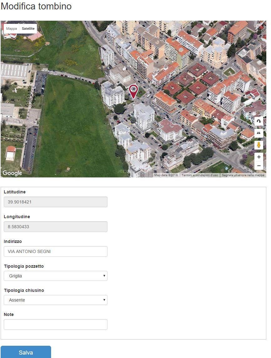 MODIFICA DATI DEL TOMBINO Nella schermata di modifica viene riproposta in mappa la posizione del tombino.