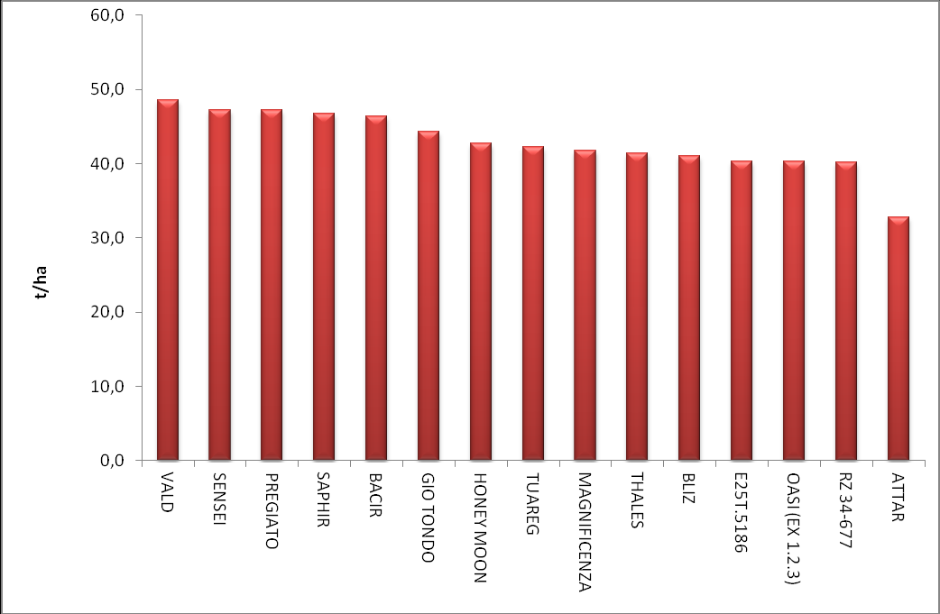 FIGURA 1 PRODUZIONE PRIMA RACCOLTA (% SUL TOTALE) OTTENUTA DAI 15 IBRIDI DI MELONE A CONFRONTO (COLTURA SEMI-PROTETTA IN PROVA DI SECONDO LIVELLO REALIZZATA A