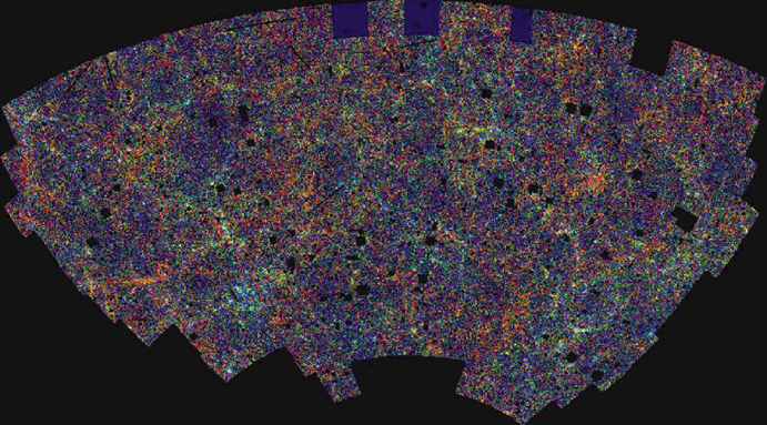 Figura 5: Distribuzione di galassie in cielo in un regione centrata sul polo sud