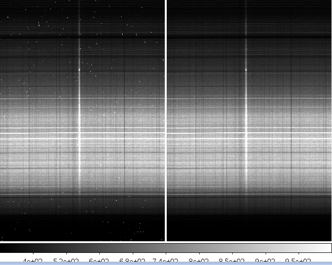 Figura 3: Immagine bidimensionale di uno spettro (riga verticale bianca al centro), prima e dopo la pulizia dei raggi cosmici visibili come tanti puntini bianchi nell immagine di sinistra.