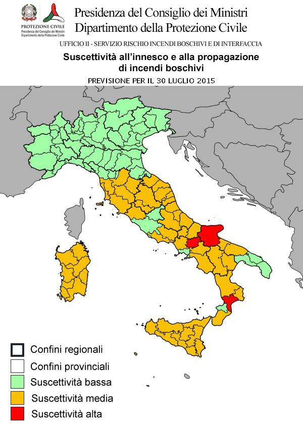 CONDIZIONI DI SUSCETTIVITA' ALL'INNESCO E ALLA PROPAGAZIONE DI INCENDI BOSCHIVI PREVISTE PER IL 30 LUGLIO 2015 BASSA MEDIA ALTA VALLE D'AOSTA AO PIEMONTE LOMBARDIA TRENTINO A. A. VENETO FRIULI V.