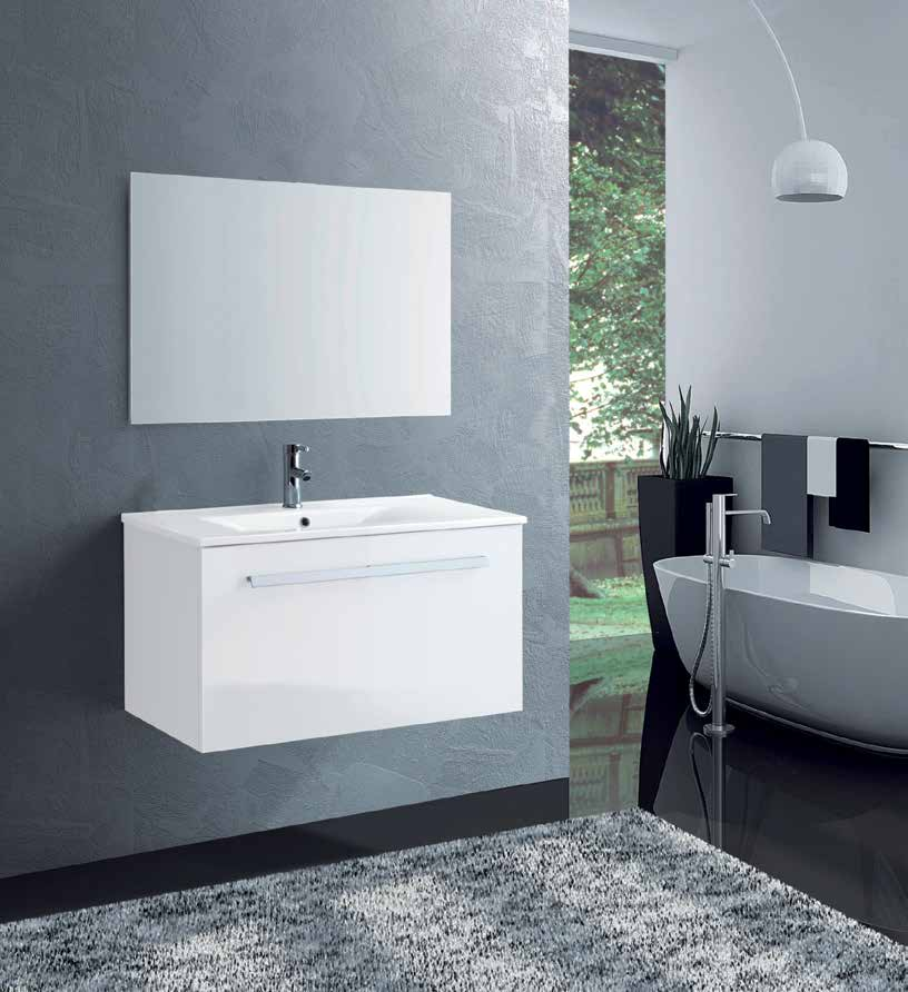 JESSICA Base porta lavabo sospesa in MDF, un cassetto con sistema slow motion, lavabo in ceramica e specchio su pannello in MDF