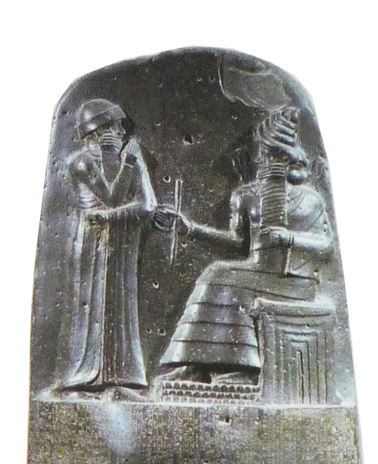 Vi è rappresentato Hammurabi, ritratto con una lunga veste e con il braccio destro sollevato (postura che identificava il fedele), davanti al dio Shamashche, seduto su di un trono decorato