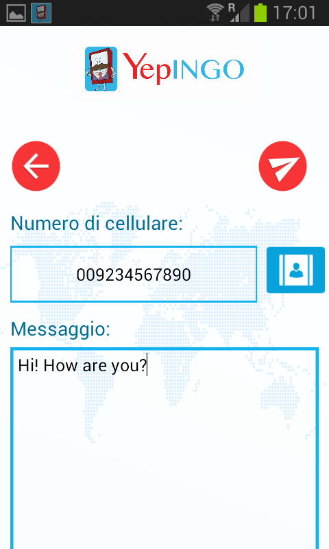 5. SMS E' possibile inviare SMS in tutto il mondo. Inserire il numero di cellulare del destinatario incluso il prefisso internazionale del paese di destinazione (es. 0092xxxx o +92xxxx).