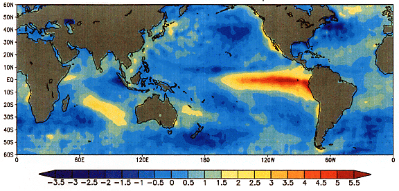 Clima e tempo meteorologico Mappa delle anomalie di temperatura dell'oceano Pacifico durante una condizione di El Niño (dicembre 1997) A maggior ragione, quindi, possono esserci cambiamenti climatici