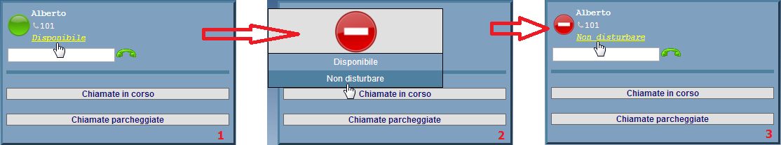 User Portal Guida di riferimento 1. fare clic sul link giallo Disponibile ; 2. selezionare l opzione Non disturbare ; 3. l attivazione del servizio verrà confermato dal link giallo Non disturbare.