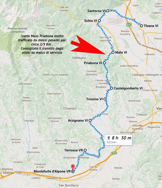 5 Tappa - Thiene Monteforte d Alpone Venerdì 12 settembre (Thiene Monteforte d Alpone) 5 tappa impegnativa 60 km, tempo stimato 8 h Ore 07.00 colazione a Thiene Ore 07.
