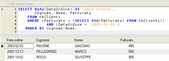 Selezionare dalla tbclienti tutti i clienti il cui fatturato è maggiore rispetto alla media del fatturato complessivo dei clienti e la cui data dell ultimo ordine è successiva al 01/01/2001 SELECT