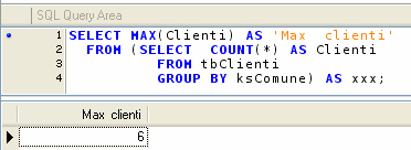 SELECT MAX(Clienti) AS [Max clienti] FROM (SELECT COUNT(*) AS Clienti FROM tbclienti GROUP BY kscomune); Max clienti 6 la stessa query eseguita con MySQL Query Browser produce il seguente errore : in