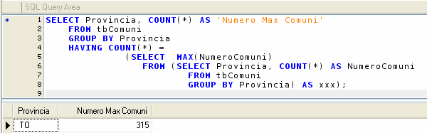 Elenco delle province con un dato numero di comuni SELECT Provincia, Comuni AS [Numero comuni] FROM (SELECT Provincia, COUNT(*) AS Comuni FROM tbcomuni GROUP BY Provincia) WHERE Comuni = [Richiesta