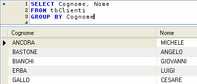 Attenzione : la seguente query è errata : SELECT Cognome, Nome FROM tbclienti GROUP BY Cognome Se, per es.