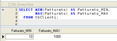 Funzioni MIN e MAX MAX(espr) MIN(espr) Valore massimo di una colonna o l'ultimo valore in ordine alfabetico per tipi di dati di testo. I valori NULL vengono ignorati.