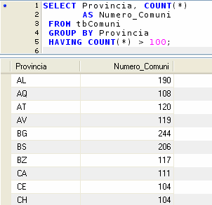 BY Provincia HAVING COUNT(*) > 100; appunti rielaborati dai testi