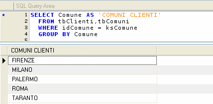 comune; oppure : SELECT Comune AS [COMUNI CLIENTI] FROM tbclienti,tbcomuni WHERE idcomune = kscomune GROUP BY Comune oppure, senza la clausola GROUP