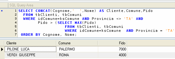 Tuttavia il valore Fido di ciascuna riga della tabella tbclienti deve essere maggiore di tutti i valori dei risultati della subquery.