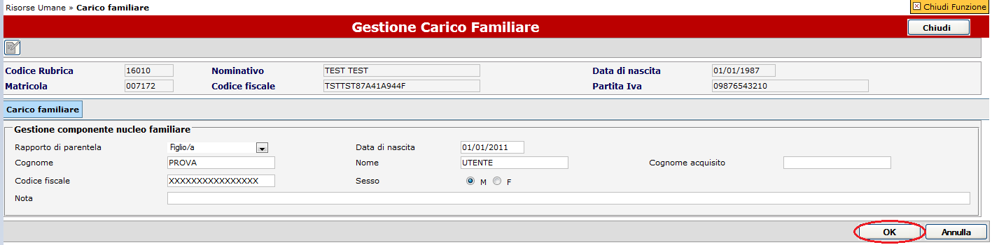 Figura 7 Salvato il familiare, il sistema torna al pannello di Gestione Carico Familiare iniziale, in cui mostra in griglia i dati della risorsa umana selezionata e dei familiari inseriti (Fig. 8).