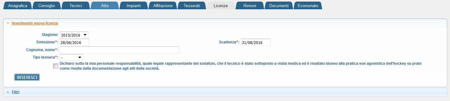 Licenze: L area permette di inserire le licenze dei