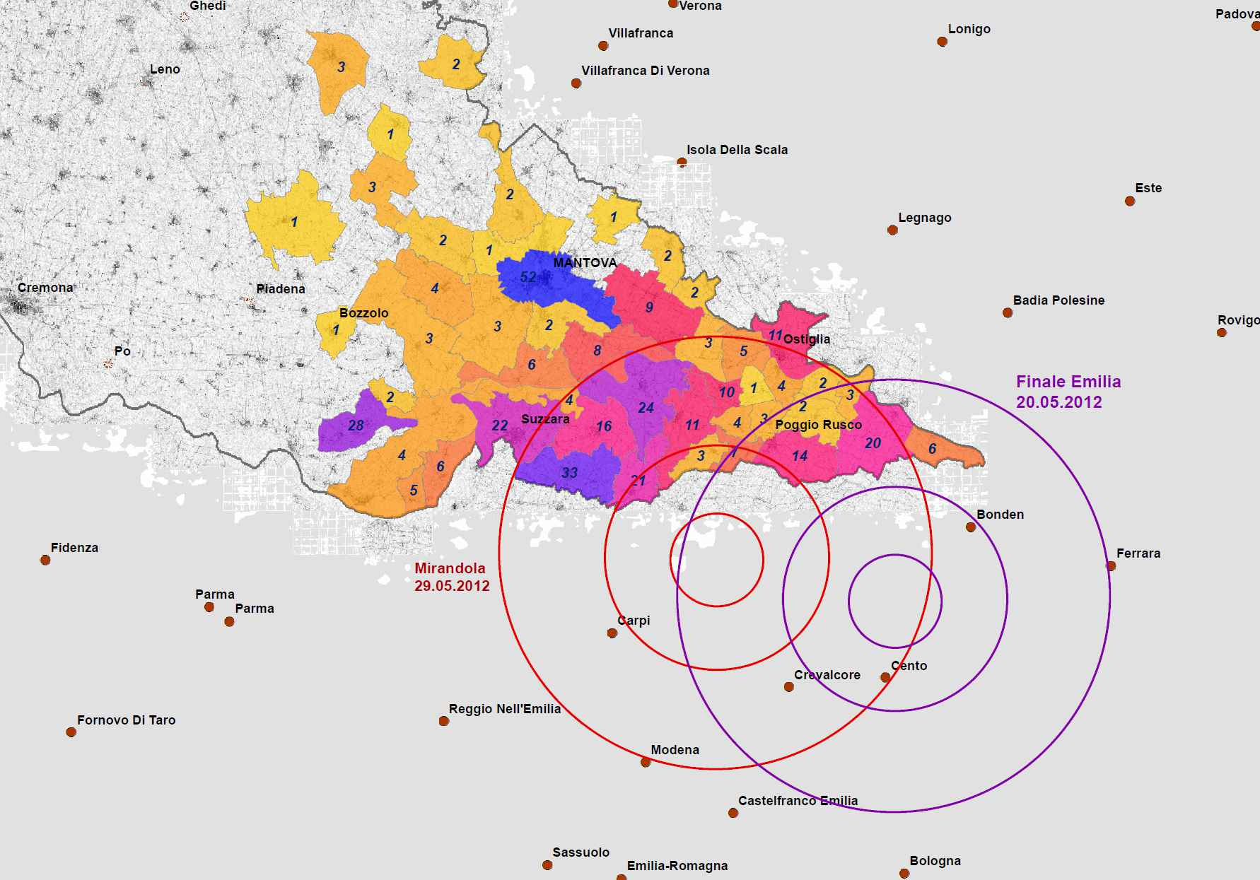 Localizzazione dei principali eventi sismici in