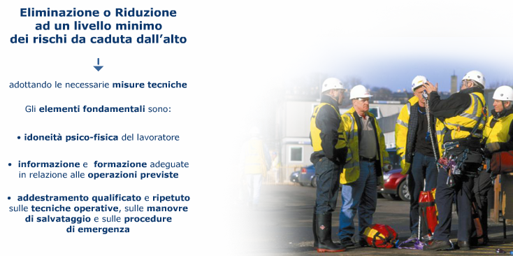 Dal momento che nel lavoro in quota si evidenzia la presenza costante del rischio di caduta dall'alto, tale rischio deve essere o eliminato o ridotto ad un livello minimo, adottando le necessarie