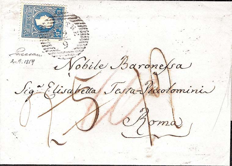 La via di Svizzera pag.17 2 settembre 1859 da feltre a Roma. Affrancata e tassata come la lettera della pagina precedente. In più vi è la scritta 25 che indica la conversione in cent.
