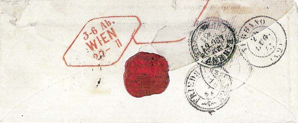 Le indicazioni di tassa in rosso sono quindi espresse in valuta del Baden ( 6 RhKr= 10 Kr austriaci e 9 RhKr = 15 Kr austriaci ): 6 Rhkr per l Italia + 6