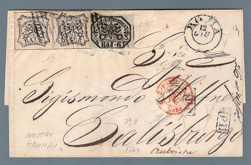 6) La via di Francia Convenzione del 1861 pag.66 Lettera semplice, un porto 12 giugno 1863 da Roma a Salisburgo, stesso destinatario della lettera precedente.