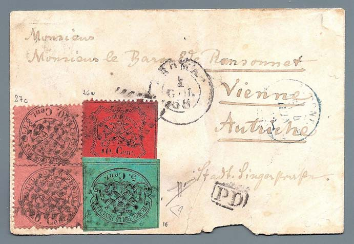 Per Vienna. Tariffa 55 cent. 1 giugno 1868 da Roma a Vienna affrancata per 55 cent, primo porto della Convenzione 66.