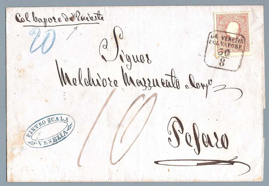 9) lettere non affrancate o insufficientemente affrancate pag.76 30 agosto 1860, da Venezia a Pesaro.