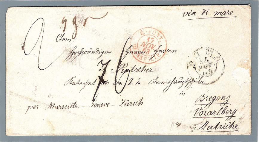 9) lettere non affrancate o insufficientemente affrancate pag.78 20 settembre 1860 da Civitavecchia a Brunsée (Stiria), non affrancata.