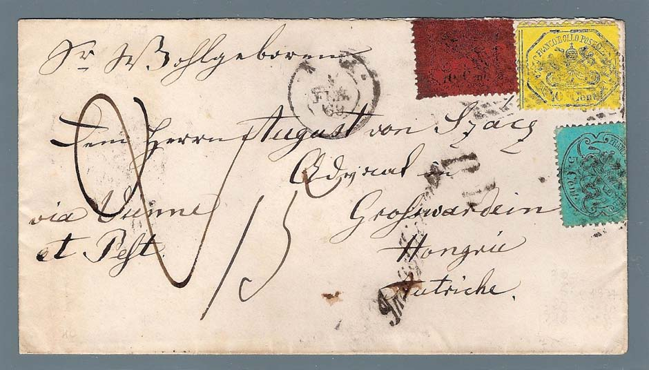 La lettera è stata tassata 3 silbergroschen (pari a circa 15 kr.) Un inoltro via Francia avrebbe comportato una tassa di almeno 38 kr. 4 febbraio 69 da Roma all'ungheria.