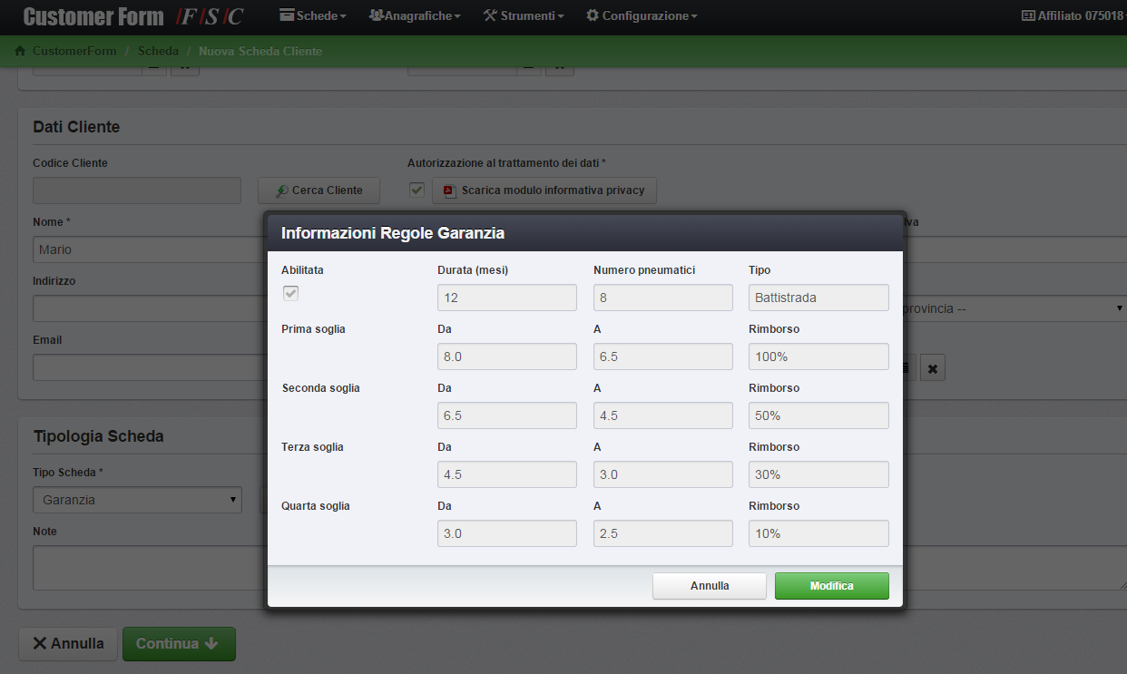 CustomerForm: Codifica Nuovo Cliente ContiSafe Posso scegliere che tipo di ContiSafe attivare: Battistrada: seleziono le 4 fasce in mm del battistrada e la relativa percentuale di rimborso Durata: