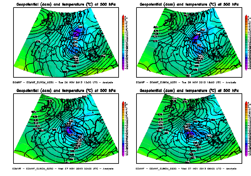 Figura 4 - Analisi di temperatura ed altezza di geopotenziale a 500 hpa dalle ore 12 UTC del 26 Novembre alle ore 06 UTC del 27 Novembre 2013, intervallate ogni 6 ore.