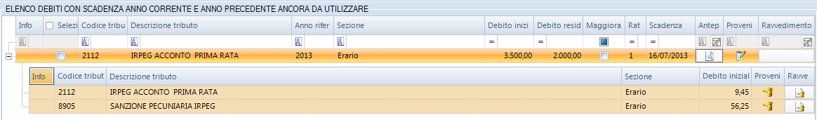 Per ogni debito ravveduto, nell elenco debiti, espandendo il tributo in questione, vengono visualizzate le righe relative ai corrispondenti tributi sanzioni e interessi: Cliccando sull icona viene