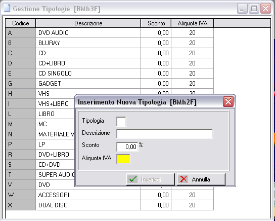Mfgvo{jpoj HftujpofUjqpmphjf La tabella delle tipologie permette di definire le categorie di articolo che si desidera gestire: CD, DVD, VHS, MD,