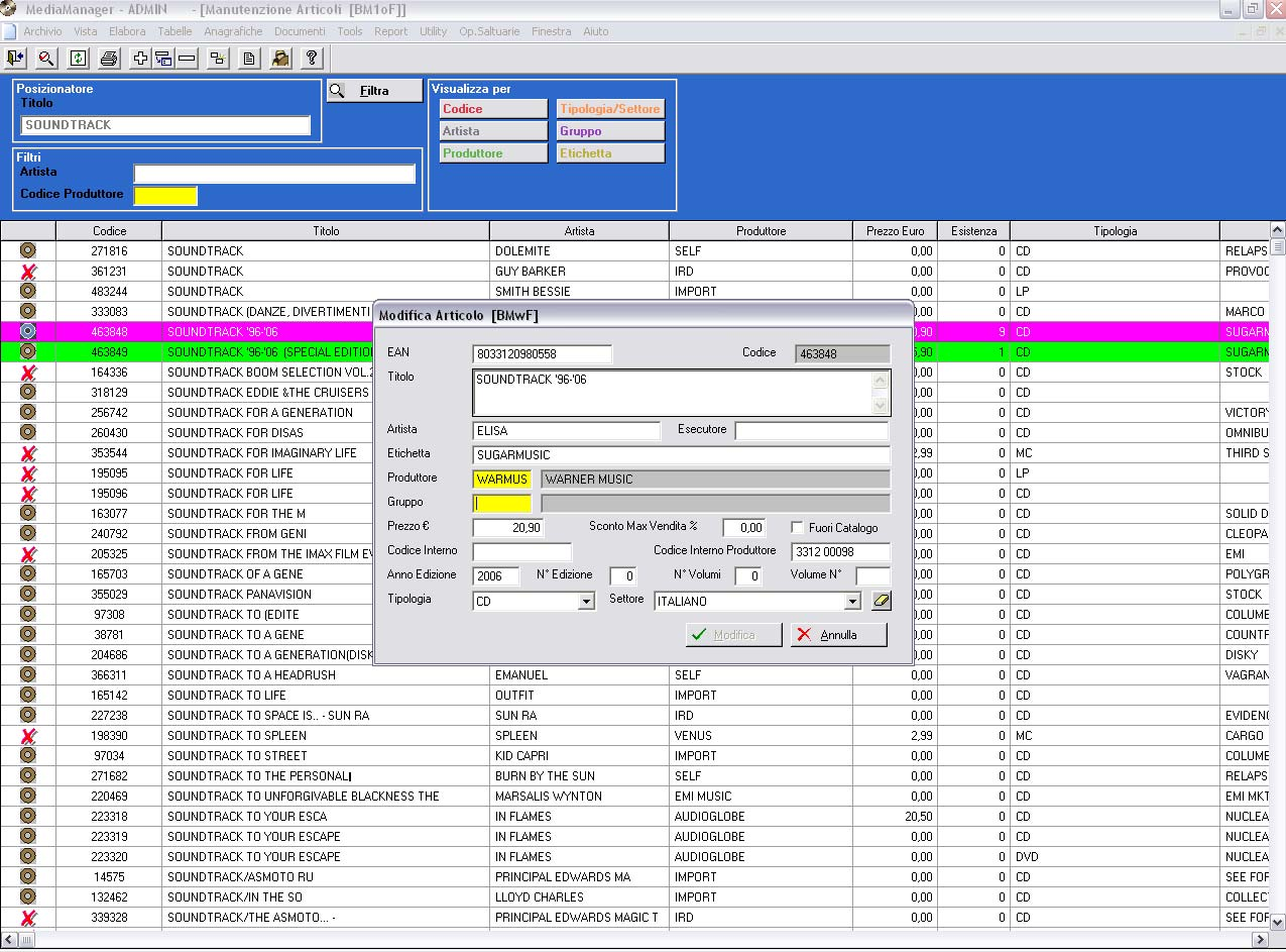 Mbsjdfsdbjocbodbebuj La ricerca di articoli in banca dati può essere effettuata per codice, per titolo, per etichetta, per produttore, per artista e per tipologia e genere.