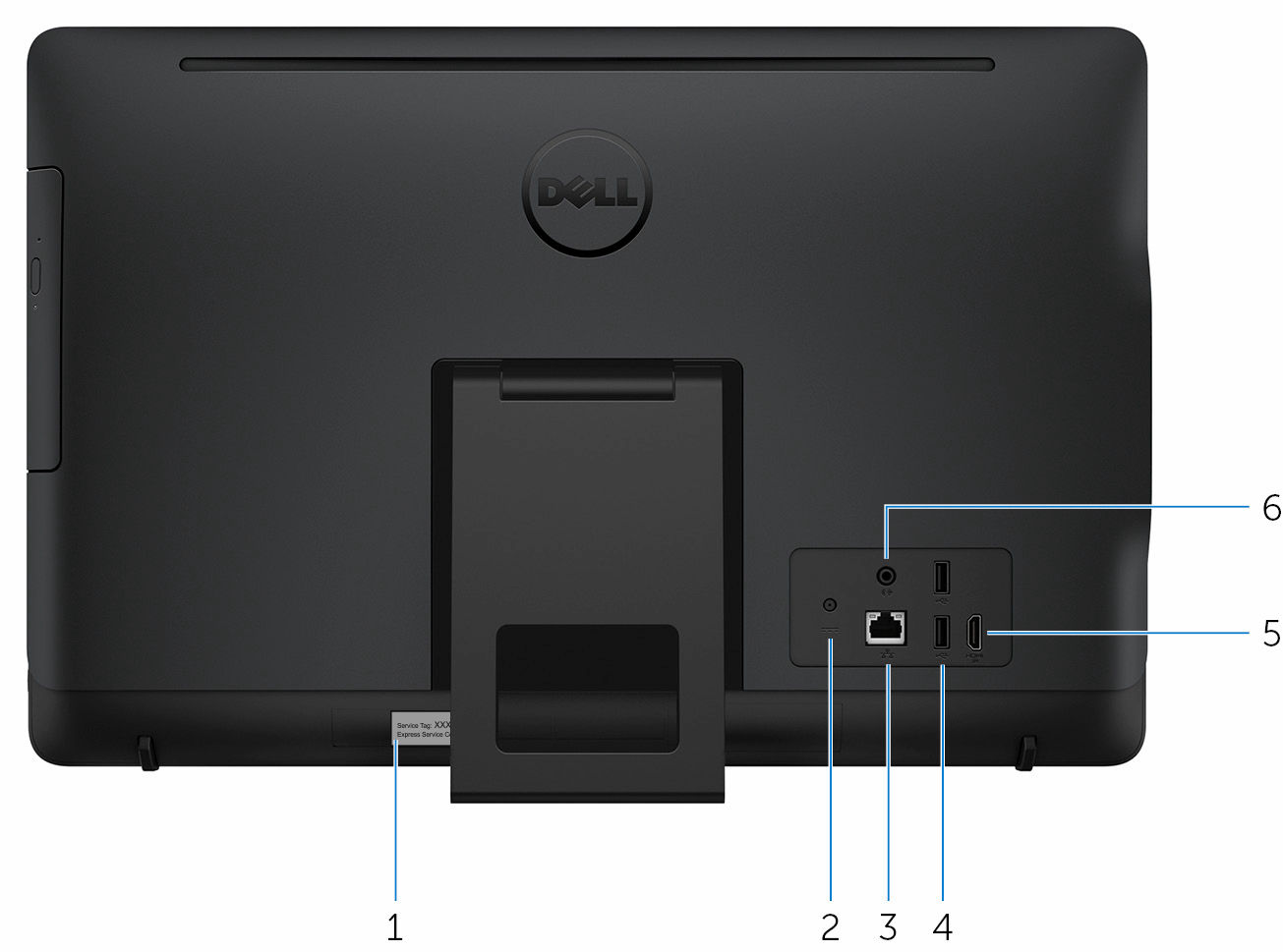 Parte posteriore 1 Etichetta Numero di servizio Il Numero di servizio è un identificatore alfanumerico univoco che consente ai tecnici dell'assistenza di Dell di identificare i componenti hardware