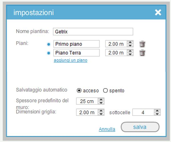 Cliccare sull icona a forma di chiave inglese e cacciavite Impostazioni del salvataggio automatico Impostazioni per lo spessore predefinito dei muri e