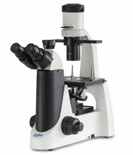 Microscopio invertito KERN OCL-2 Testina trinoculare lab line La soluzione variabile rovesciata per l utente flessibile in laboratorio e nella formazione Variatore di contrasto di fase Manopole