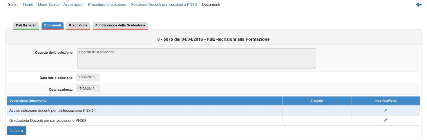 2.3.2 Documenti Nella seconda sezione, i documenti da inserire sono l avviso di selezione dei