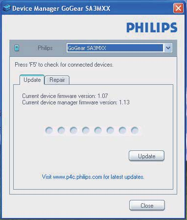 8 Aggiornamento tramite Philips Device Manager» Quando il dispositivo è collegato, viene visualizzato "SA4MINXX" nella casella di testo.