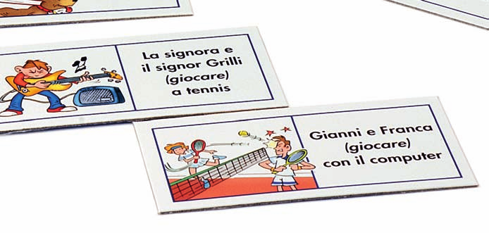 Partendo dalla tessera iniziale e seguendo il percorso del domino tradizionale, i giocatori dovranno abbinare la situazione illustrata alla descrizione scritta, coniugare il verbo al tempo richiesto