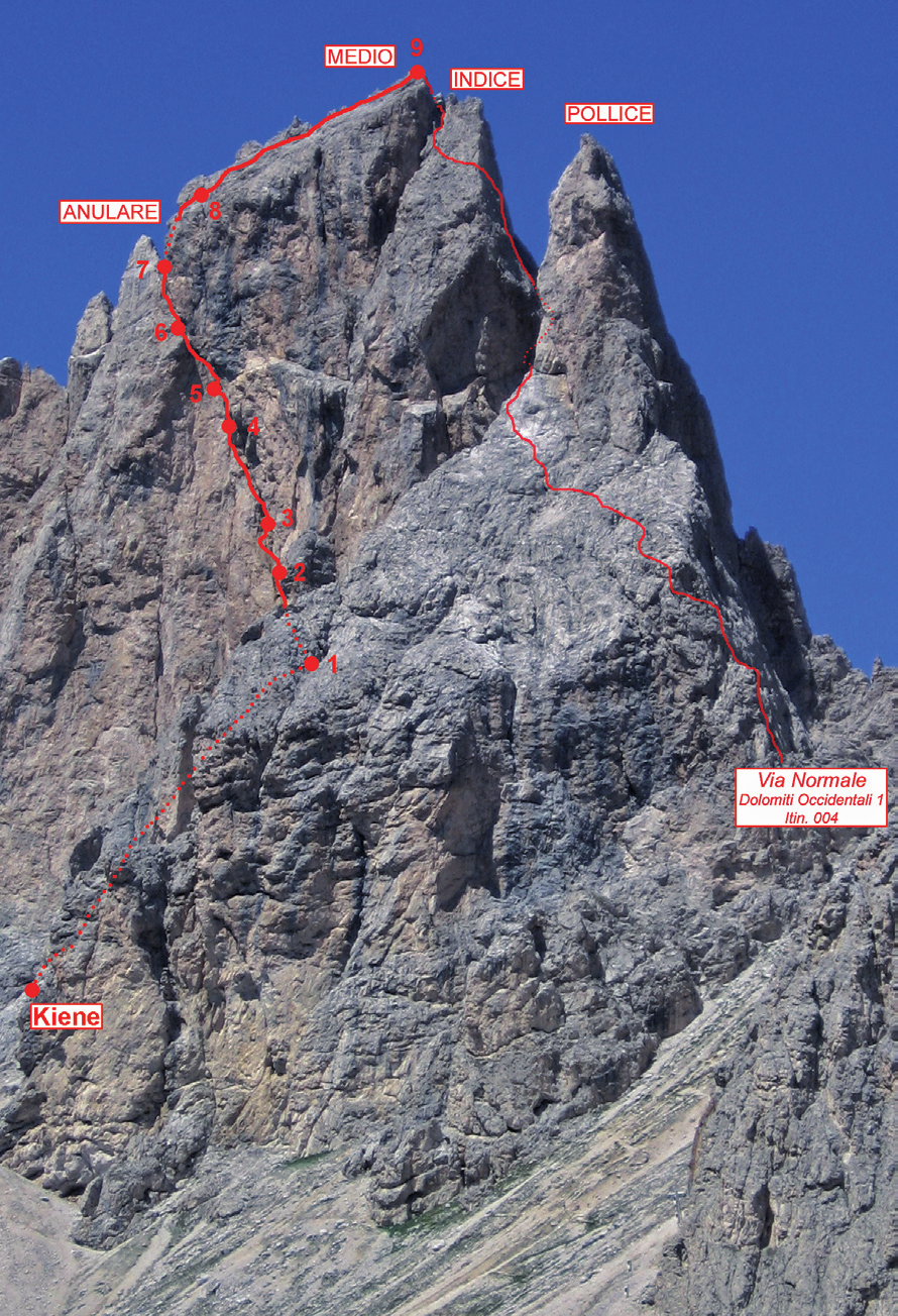 l ODLE, PUEZ, PUTIA movimento iniziale (p. 5, 1C). Sopra si prosegue con difficoltà leggermente inferiore (4 +) fino al soprastante terrazzino. 45 m; 4, pp. 5 ; 4C, 1CLF.
