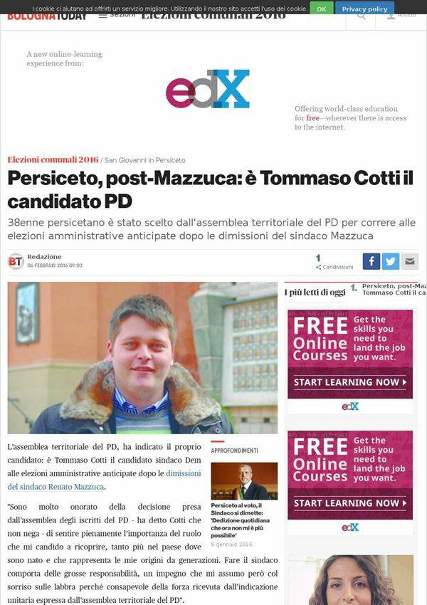 6 febbraio 2016 Bologna Today Politica locale Persiceto, post Mazzuca: è Tommaso Cotti il candidato PD Redazione 06 febbraio 2016 09:03 Condivisioni Approfondimenti Persiceto al voto, il Sindaco si