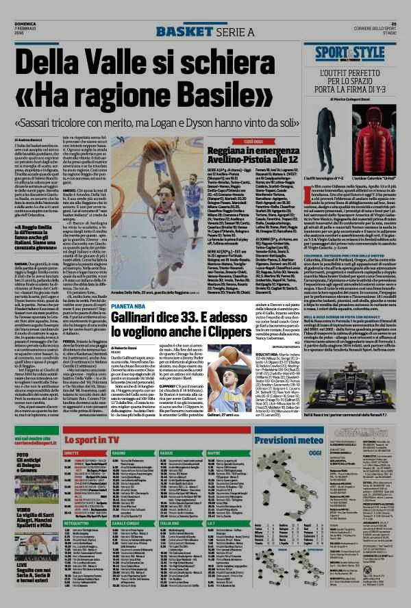 7 febbraio 2016 Pagina 25 Corriere dello Stadio (ed. Bologna) Gallinari dice 33. E adesso lo vogliono anche i Clippers Danilo Gallinari super, ancora una volta.